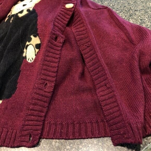 Vintage Boyd's Burgundy Button Front Sweater Bear Appliques Leopard Print Collar - Picture 5 of 8